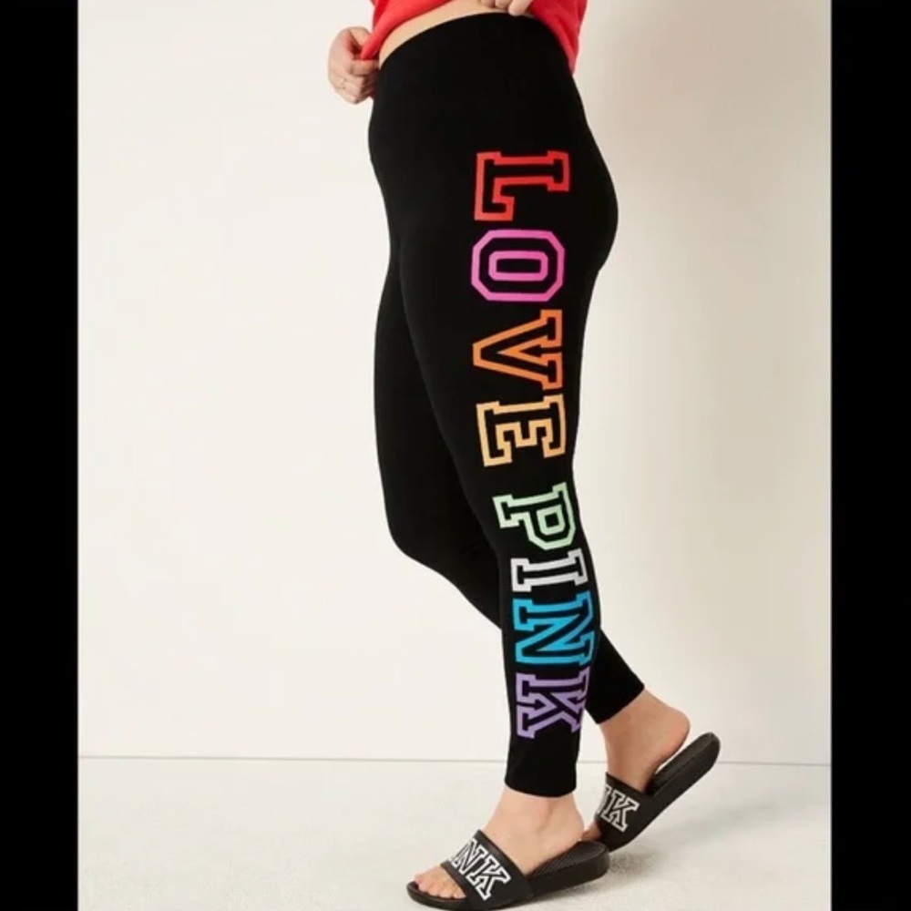 PINK Victoria’s Secret Cotton High Waisted Yoga Leggings Black Rainbow